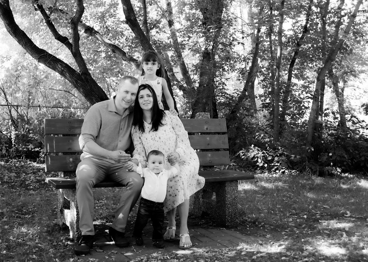 Outdoor black and white family portrait