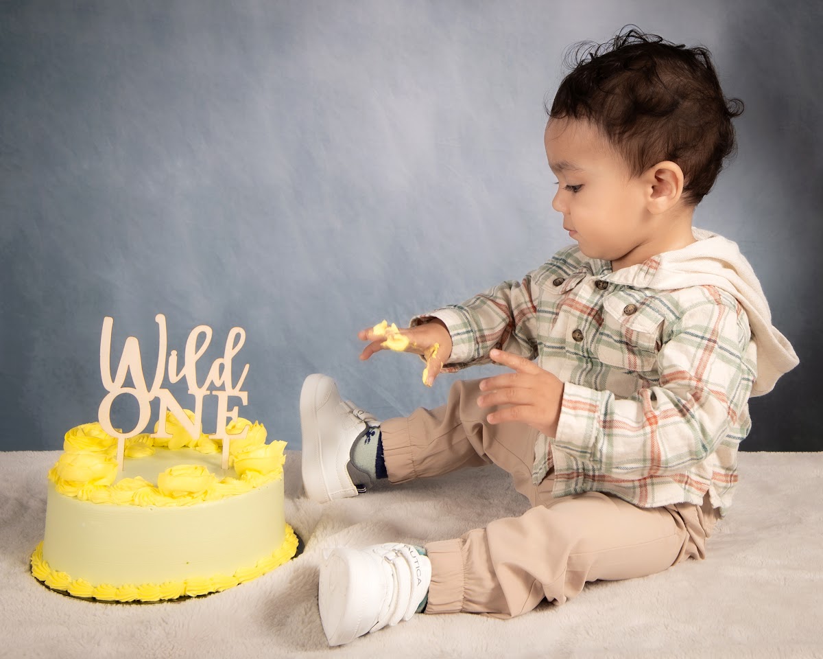 First birthday cake smash portrait for a Wild One theme