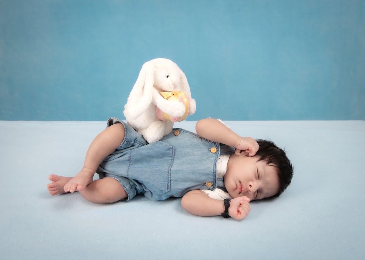 Sleeping newborn baby portrait with a bunny
